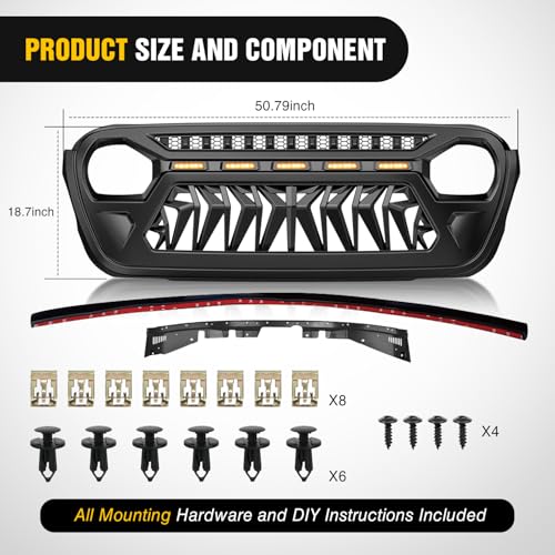 Image of Nilight Front Grille Cover for 2018 2019 2020 2021 2022 2023 2024 2025 Wrangler JL and Gladiator JT with LED Amber Lights Matte Black