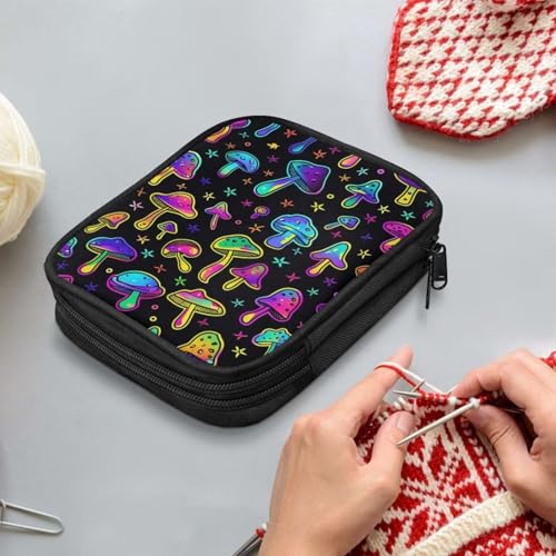 Image of Crochet Hook Case Colorful Mushroom Crochet Hook Holder Portable Crochet Hook Storage Bag with Web Pockets Suitable for Crochet Needles /Knitting Accessories