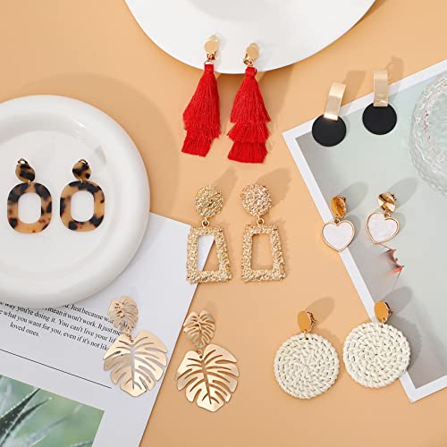 Honsny 12 Pairs Clip On Earrings For Women Fashion Rattan Tassel Earrings Set Bohemian Acrylic Statement Non Piercing Drop Dangle Earrings For Women Girls #TOP5