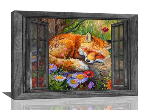 Bedroom Wall Art Farmhouse Fox Wall Decor Rustic Country Fox Pictures Canvas Print Forest Wild Animal Painting Framed Modern Home Artwork Decorations For Bathroom Bedroom Kitchen Office 24"x16"
