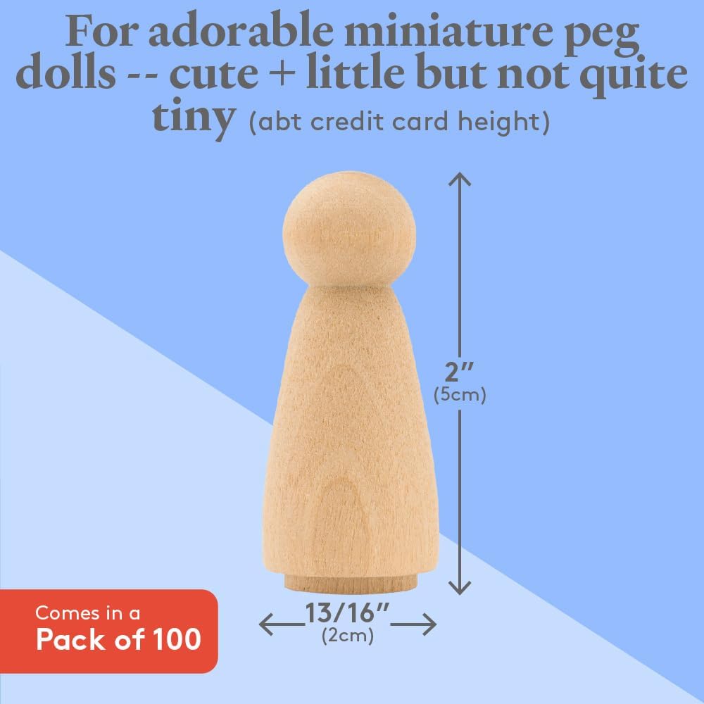 Wood Peg Dolls Unfinished 2 inch, Mom/Angel Shape, Pack of 100 Birch Wooden Peg People for Crafting, Miniature Figures, and Small World Play