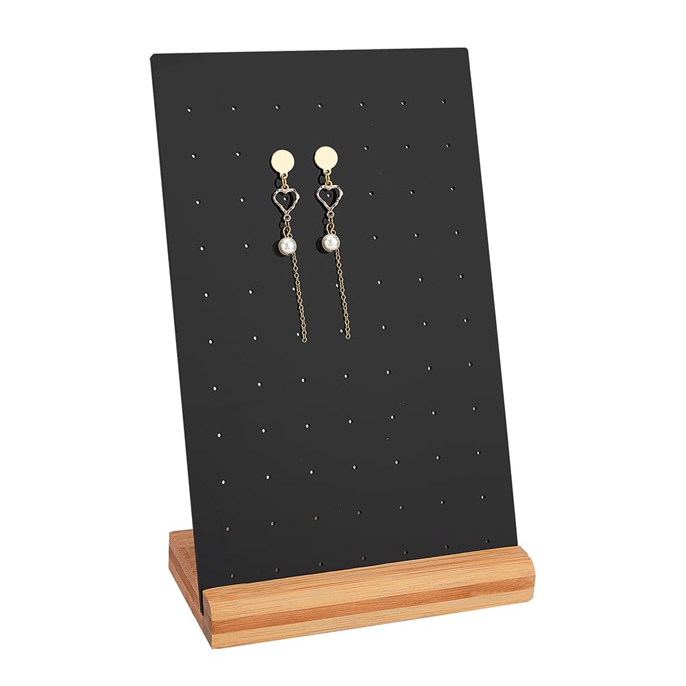 PH PandaHall Earring Display Pegboard Black Earring Holder Stand Organizer Acrylic Jewelry Display Rack with Natural Wood Base for Earring Necklace Jewelry Display, 77 Holes, 9.4x5.9 inch Panel