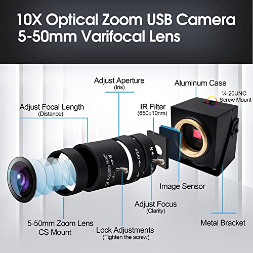 SVPRO 8 MP USB-Kamera, manueller Fokus, Webcam mit variablem 5–50 mm CS-Objektiv, 10-facher Zoom, externe Kamera für Laptop, PC, Computer, Plug-and-Play, UVC-Kamera – Bild 5