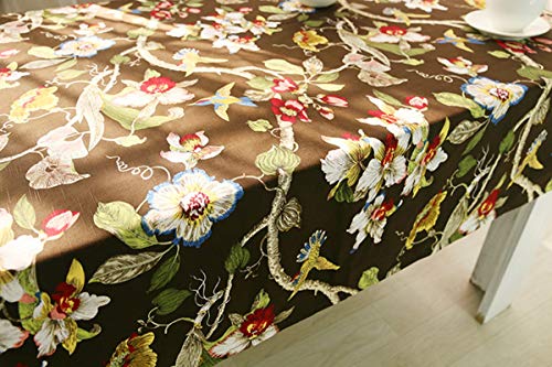 Nappe lin coton oiseaux et fleurs café 140x180cm pour table rectangulaire moderne