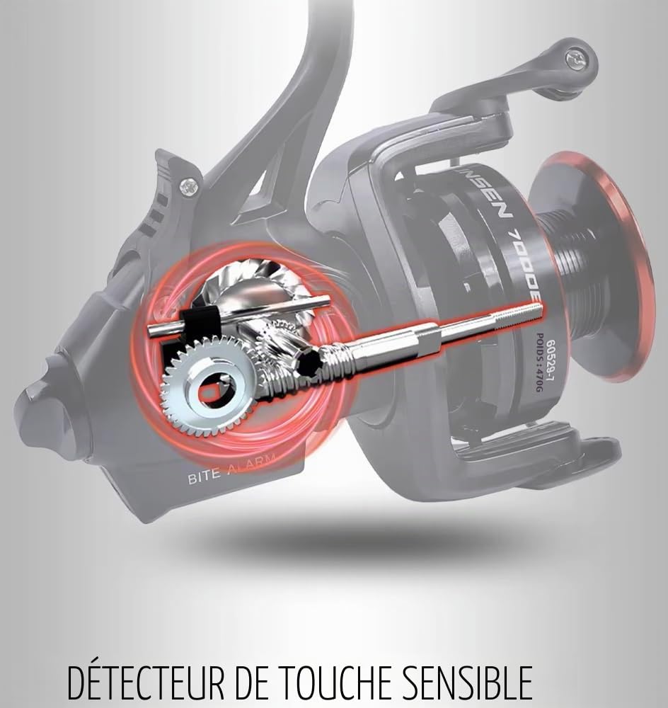 Moulinet de pêche avec alarme de touche, taille 6000, frein maximal de 10 kg, roulements 6+1BB, rapport de démultiplication 4,7:1