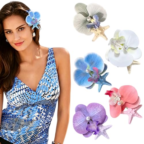 5 Pzas Pinzas para el Cabello Flores Hawaianas para Mujer Mariposa Orquídea con Estrella de Mar y Perla Flores Artificiales de Verano Accesorios Nupciales para la Playa miniatura 1