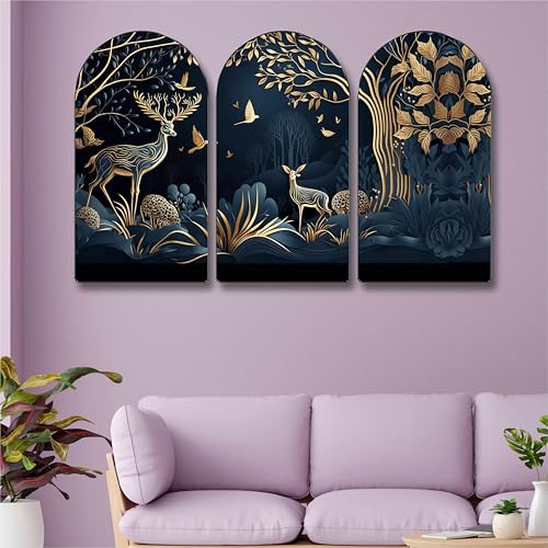 Image of Livin'luxe Golden Deer Forest Wall Art - 3 Panel Nature Painting | Elegant Black & Gold Wildlife Decor | Modern Living Room, Bedroom, Dining Area, Office Wall Decoration