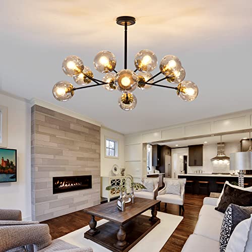 Image of 12-Light Glass Chandelier,Large Sputnik Chandeliers for High Ceilings, Rustic Ceiling Lighting Fixture Pendent Light for Kitchen Dining Room Living Room Bedroom Office (Black).