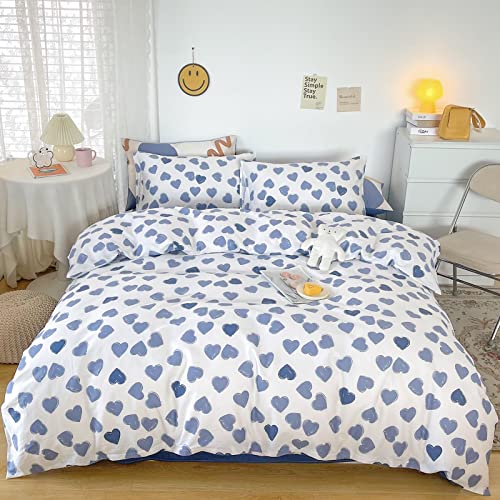 Layenjoy Blue Love Heart Print Kids Duvet Cover Set Queen White 100% Cotton Bedding Set For Teens Boys Girls Reversible Comforter Cover Full, No Comforter #TOP2