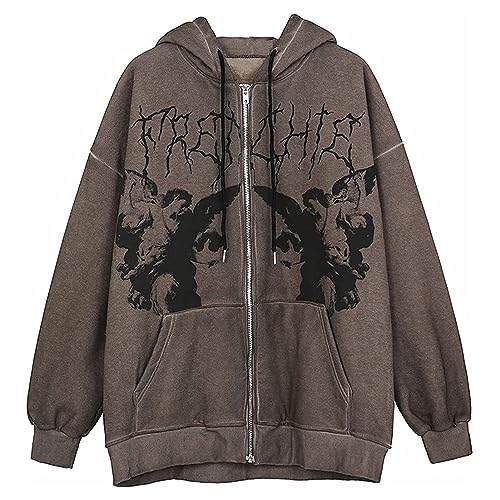 Sawmew Frauen Casual Einfarbig Hoodie Jacke Langarm Reißverschluss Loose Fit Y2k E-Girl Übergroße Engel Schmetterling Gedruckt Sweatshirt Streetwear Übergroßer Kapuzenmantel