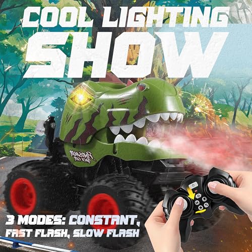 Image of BEZGAR Monster Truck Toys - Remote Control Monster Truck with Spray, Light, Music, Dinosaur Toys for Kids, 1:20 Scale RC Truck with 360 Spins and Drifting, Remote Control Car for Boys 4-7 Camo Green
