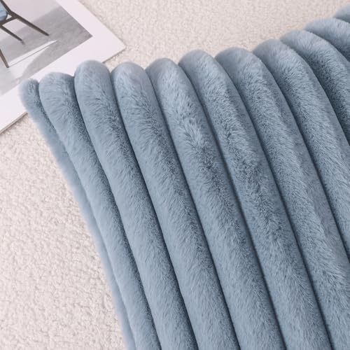 Image of Pallene Faux Fur Plush Throw Pillow Covers 26x26 Set of 2, Luxury Soft Fluffy Striped Decorative Pillow Covers for Sofa, Couch, Living Room, Blue Grey