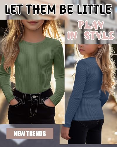 Image of 4 Pack Girls Long Sleeve Shirts Ribbed Knit Cotton Crewneck Tops Slim Fit Soft Casual Kids Base Layer Undershirts