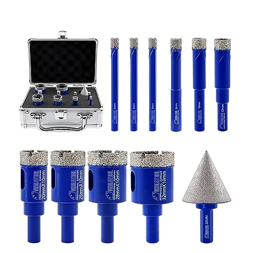 SHDIATOOL Diamond Core Drill Bits Set Dry Drilling Bits with Round Shank Hole Saw Tile Cutter for Porcelain Tile Marble Ceramic Granite,6/6/6/8/10/12/20/25/28/32mm/35mm Chamfer Bits