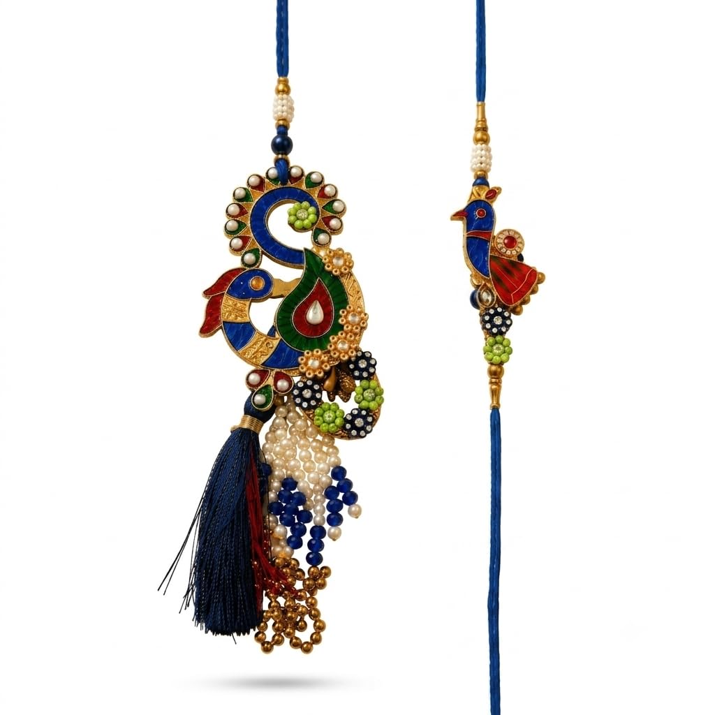 Premium Peacock Design Bhaiya Bhabhi Rakhi Set | Meenakari Lumba for Brother and Sister-in-Law | Blue & Gold Handcrafted Couple Rakhi with Pearls & Tassels-image-20