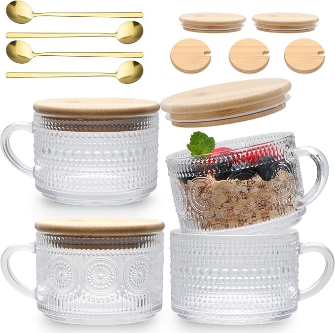 PrimeWorld Overnight Oats Containers with Lids Set of 4pcs-420ml, Vintage Coffee Mugs Gifts for Women, Glass Cups with Spoons and Bamboo Lids,Great for Coffee, Overnight Oats,Juice.