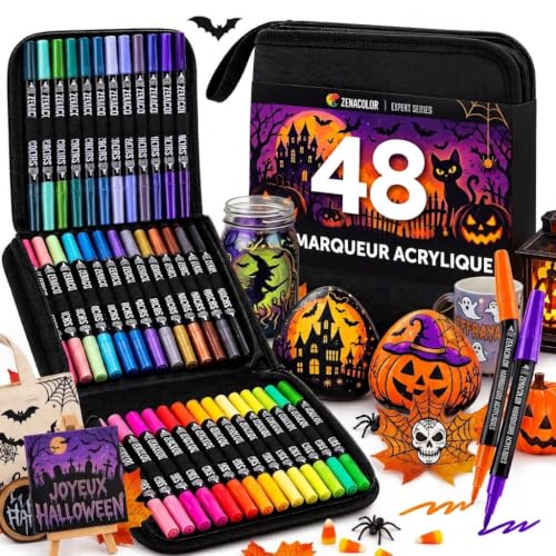 Zenacolor - Feutre Acrylique - Double Pointe - 48 Couleurs - avec Sacoche | Coloriage Adulte · Marqueur Acrylique · Pointe Fine & Pinceau · Multi-Surfaces · Bois, Verre, Pierre, Toile · Loisir Créatif