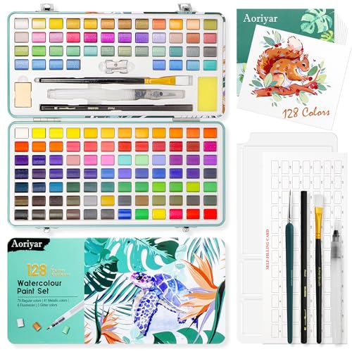 Aoriyar Watercolour Paint Set 128 Colours with Palette - Professional Watercolour Paints Sets for Kids Adults Artists - Portable Metallic Mini Box with Brushes and Watercolour Pens