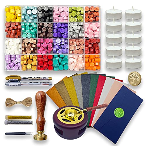 VEWINGL Wax Seal Stamp Kit Sealing Wax Kit with 652 Pcs Wax Seal Beads Wax Stamp,Wax Seal Warmer Wax Spoon Envelopes Tealight Candles Letter Seal Kit for Custom Invitations Envelopes Gift Decoration