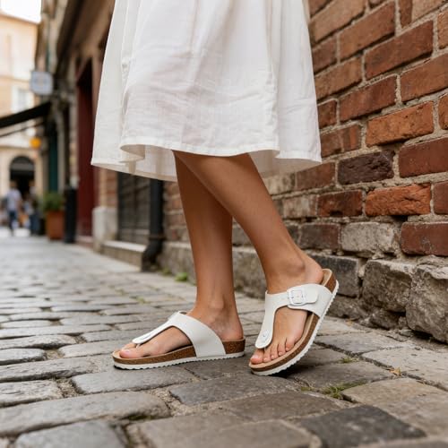 Image of WTW Cork Footbed Womens Sandals Genuine Leather Insole Slides Sandals for Women Adjustable Buckle Summer Sandals Outdoor Walking