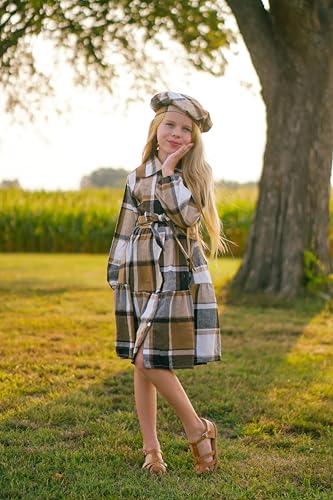 fioukiay Girls Plaid Shirt Dress Button Down Babydoll Dresses Long Sleeve Collared Coats Fall Dresses with Hat2