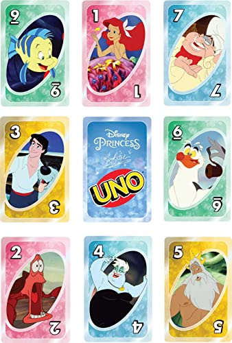 Mattel Games UNO Disney Prinzessin Die kleine Meerjungfrau Kartenspiel, inspiriert vom Film für Familiennacht, Spieleabend, Reisen, Camping und Party – Bild 5