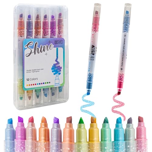 Image of WISHKEY Double-Head Glitter Marker Pens, Shining Non-Toxic Ink, Quick Drying Shimmery Colorful Highlighter Pens for Multipurpose, Stationery Items for Kids and Adults, 8+ Years (Pack of 6, Multicolor)