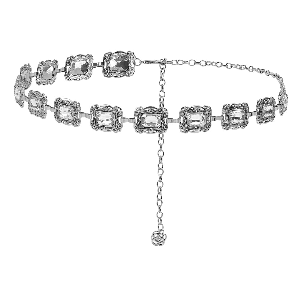 Belt for Women Dresses Metal Concho Hip Belt for Saree Stylish Crystal Waist Chain for Woman Fashion Adjustable Boho Vintage Saree Belts Chain Belts for Dresses, Jeans, Skirts - Silvercolor
