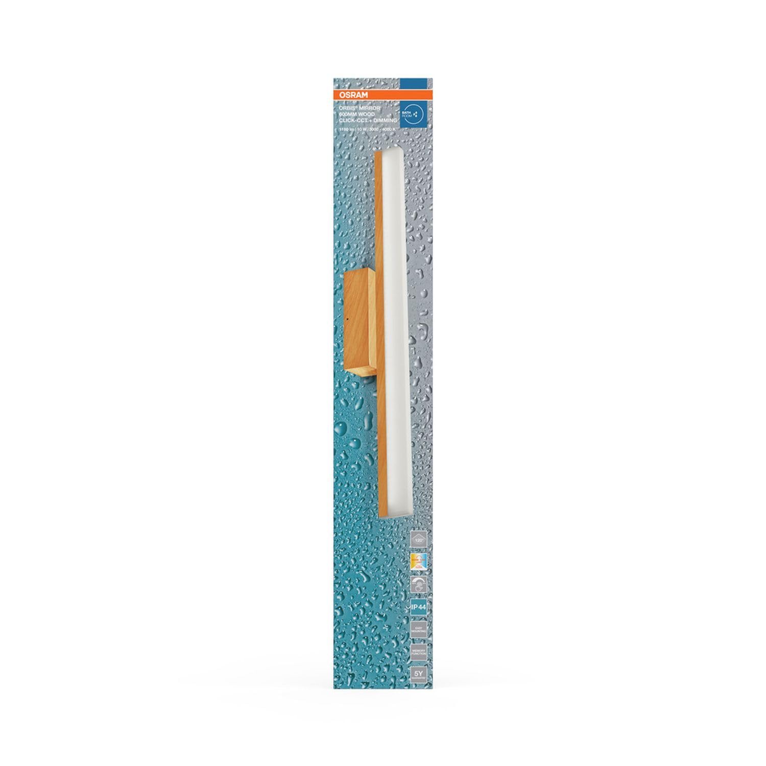 Licht-Erlebnisse LED Spiegelleuchte Aluminium Holz 3000-4000 K Click-CCT Touch dimmbar IP44 modern WC Flur Gästezimmer L:60 cm Wandlampe Badezimmer