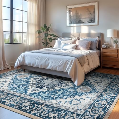 Lofus 8x10 Area Rugs for Living Room, Washable Area Rug, Rugs for Bedroom, Kitchen, Vintage Boho Carpet, Soft Non-Slip, Low Pile Large Area Rug for Office Dining Room, Floral Light Blue