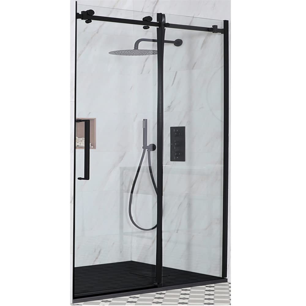 Milano Nero Black Frameless Sliding Door Shower Enclosure Graphite Tray - 1500 x 900mm