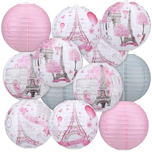 Panelee 12 Pcs Paris Party Decorations Eiffel Tower Pink Paper Lanterns 8 Inch Hanging Round Hanging Paper Party Decorations for European City Landscape Theme Ceiling Holiday Decor Supplies