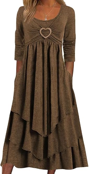 Zaswen Womens Crewneck Fall Maxi Dress Long Sleeve Irregular Tiered Ruffle Hem A Line Flowy Dress Wedding Guest Dresses