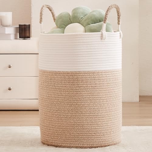 MOJOSCEND 80L Large Hamper Laundry Basket Tall Woven Rope Clothes Hamper Blanket Basket in Living Room Bathroom Bedroom Brown
