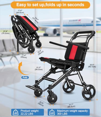 Image of Wheelchairs for Adults,Transport Wheelchair Lightweight Foldable Chairs with Handbrakes,Portable Wheelchair Travel Wheel Chairs for Seniors，Up to 300lbs,Black