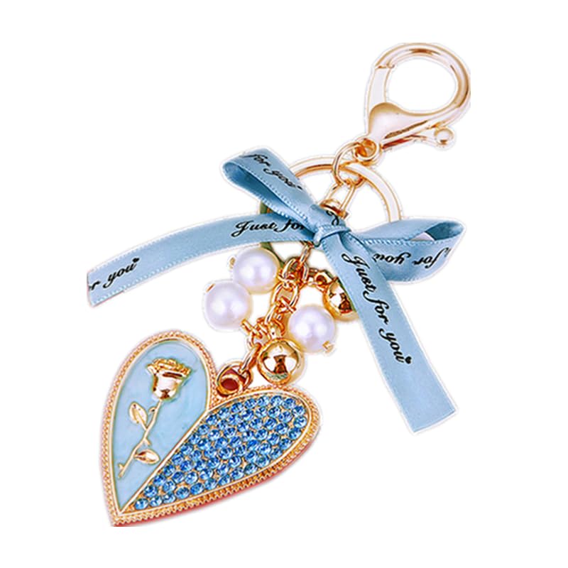 ChungLong0593 Llavero de corazón con diamantes de imitación y perlas rosas para mujer, llavero para llaves de coche, bolso, Azul, M