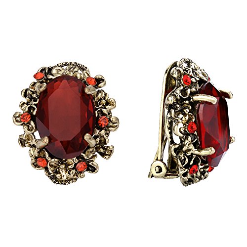 BriLove Victorian Style Clip On Earrings for Women Crystal Floral Cameo Inspired Oval Earrings Ruby Color Antique-Gold-Toned