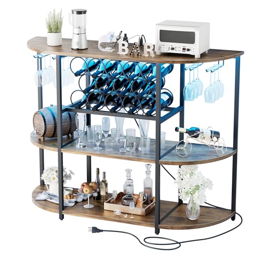 JUMMICO Wine Bar Cabinet with LED Light and Charging Station, Freestanding Wine Racks & Cabinet with 3 Tiers Storage Shelves and Footstands, Coffee Liquor Bar Cabinets for Home/Kitchen (Brown)