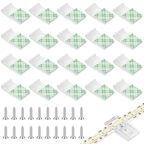 ANOMM 20 Piezas Clips Tiras de Luz, Soporte Montaje Tira de LED Autoadhesivo con Tornillos para Tiras de LED IP30/65 de 10 mm, Luces Hadas, Cadenas Luces, Cables y Alambres (Pegatina Verde)