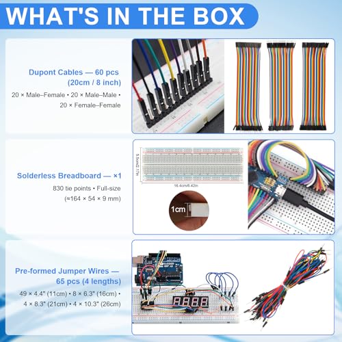 1530Pcs Electronics Component Kit – Electronics Lab Starter Set 830-Tie Breadboard, Metal-Film Resistors, Ceramic & Electrolytic Capacitors, LEDs, Diodes, Transistors, Dupont & Jumper Wires - Image 5