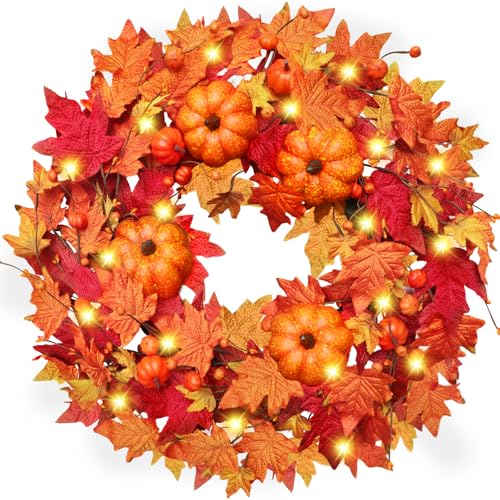 26 Inch Large Lighted Fall Wreath with Timer for Front Door- Fall Door Wreath with Thick Maple Leaves & Pumpkins, Autumn Wreaths with Lights for Thanksgiving Decor Indoor Outdoor Home Decoration