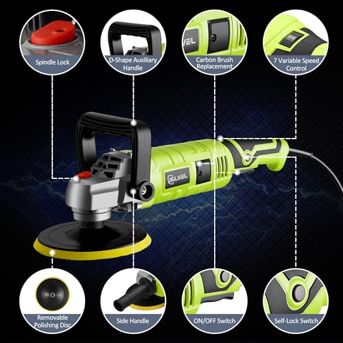 Image of SILVEL Buffer Polisher, 1600W 7 Inch /6 Inch Polisher for Car Detailing, Wax Machine, 7 Variable Speed, with 6 Foam Pads, 3 Wool Pads, Packaging Bag, for Boat Polishing and Waxing