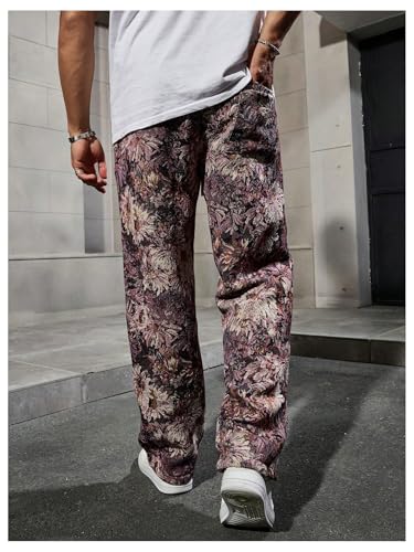 Men's Floral Pants Vintage Boho Pant Hippie Drawstring Waist Vacation Straight Leg Trousers with Pockets Streetwear2