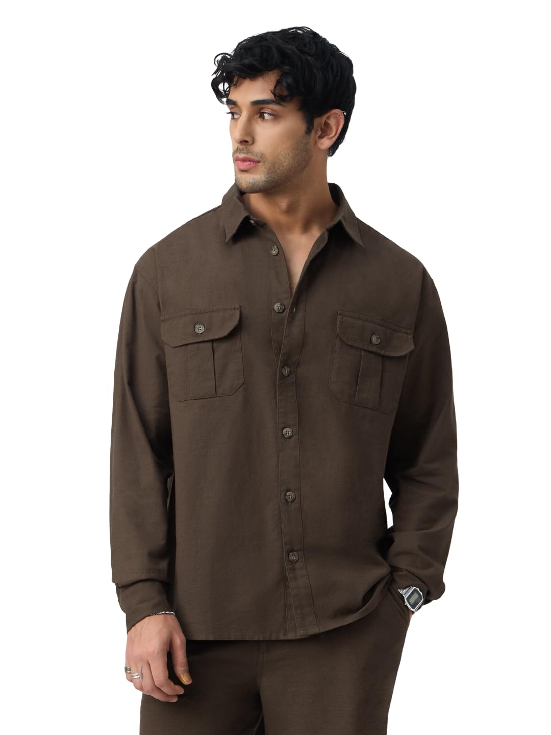 Cotton Linen Utility: Mocha Men and Boys Long Sleeve Collared Neck Button Front Solid Cotton Linen Blend Oversized Shirts-image-12