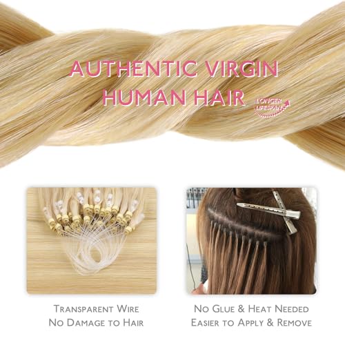 Image of WENNALIFE Microlink Hair Extensions Human Hair, 50g 50s 16 Inch Light Blonde Highlighted Golden Blonde Remy Micro Bead Hair Extensions Real Human Hair Loop Ring Hair Straight Microlinks