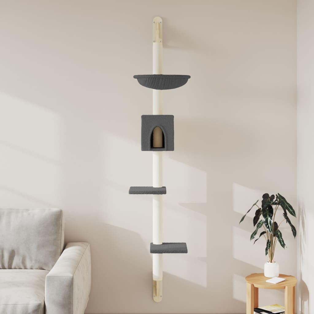 Tiragraffi da parete con colonna tiragraffi in sisal e superfici di riposo, grigio scuro, 187 cm, per gatti in appartamenti, albero da arrampicata con amaca, grotta e tiragraffi, torre gioco