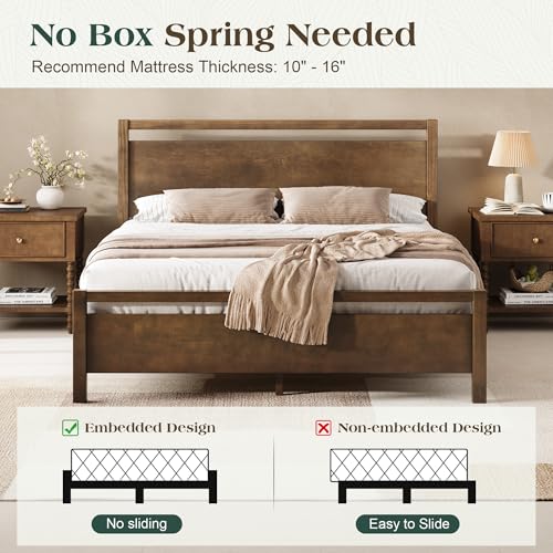 Image of AMERLIFE Queen Size Solid Wood Bed Frame with Headboard, Minimalist Platform Bed with Wooden Slats Support /No Box Spring Needed /Easy Assembly /Noise-Free, Dark Brown