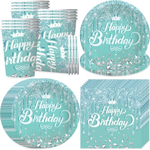 Bikasun Hellblau Partygeschirr Set, 16 Gäste Blau Diamant Geburtstag Geschirr, Kindergeburtstag Teller Becher Servietten Pappteller Party Deko Mädchen Jungen Tischdekoration