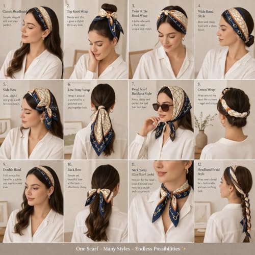 Image of Silk Like Head Scarf for Women Stylish Bandanas for Women Vintage Hair Scarf Wrap and Sleeping, Boho Floral Print Square Bandana Gift