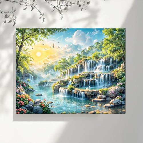 Image of ArtX Canvas Step Waterfall Painting Vastu, Big Size Scenery, Water Stream, Mountain Painting Vastu Water Fall, Multicolor, Nature, 58.0 X 45.0 cm, Set of 1